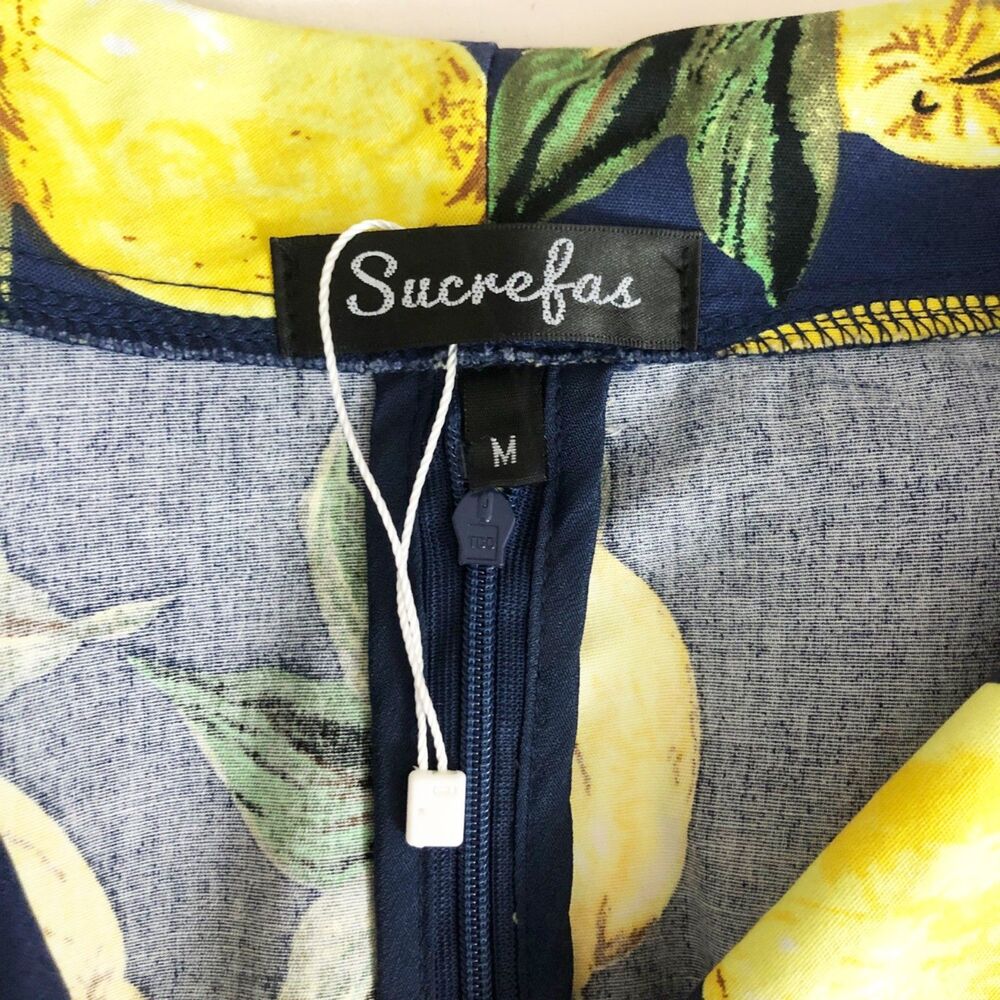 NWOT SUCREFAS Lemon Floral Navy Dress (M) Blue Retro Swing Fit & Flare - Picture 7 of 13